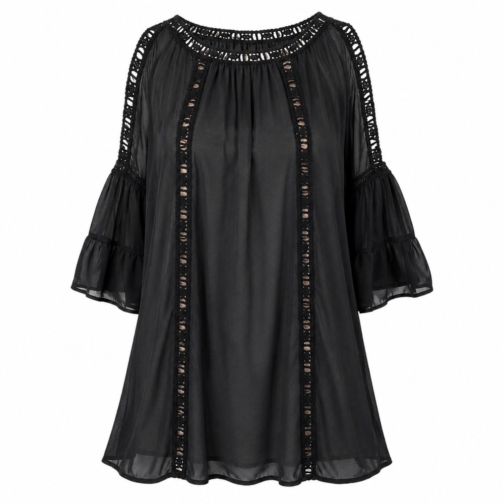 INA Cold Shoulder Tunic Women S Black Good Crochet Lace Boho Mini Dress